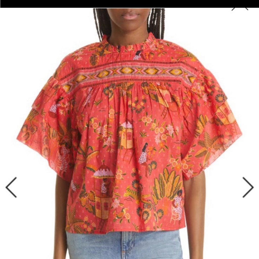Farm Rio Small Secret Garden Top Blouse Ruffle Sleeve Toucans Organic Cotton
